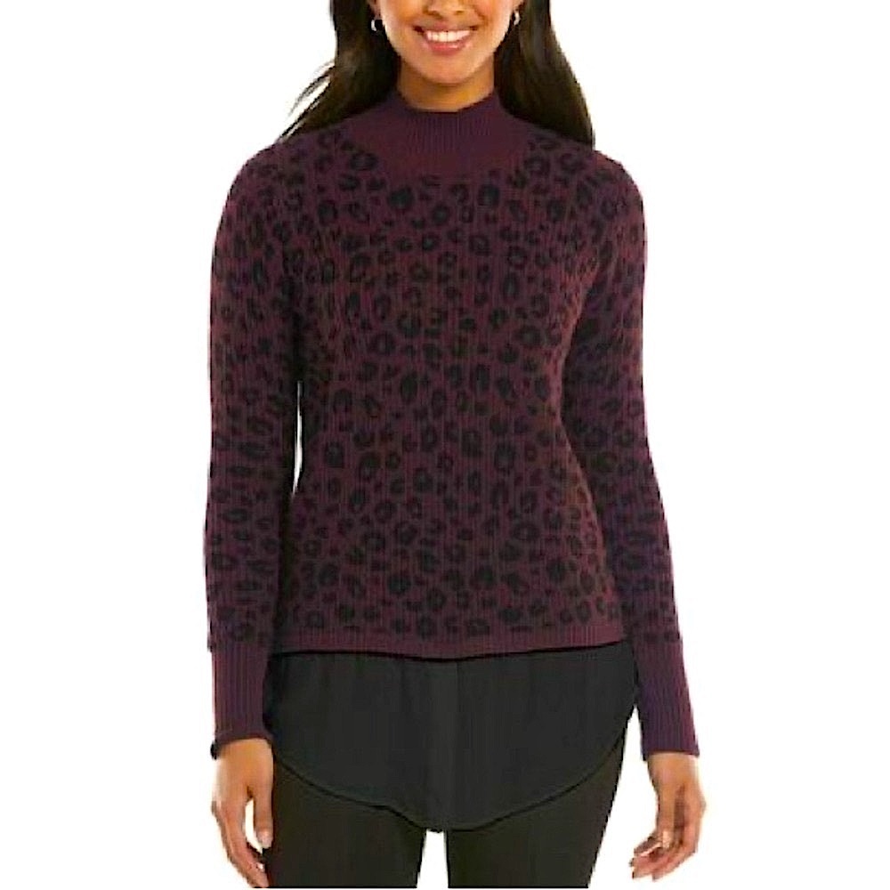 NWOT Apt 9 leopard print‎ layered dressy mockneck sweater burgundy black small